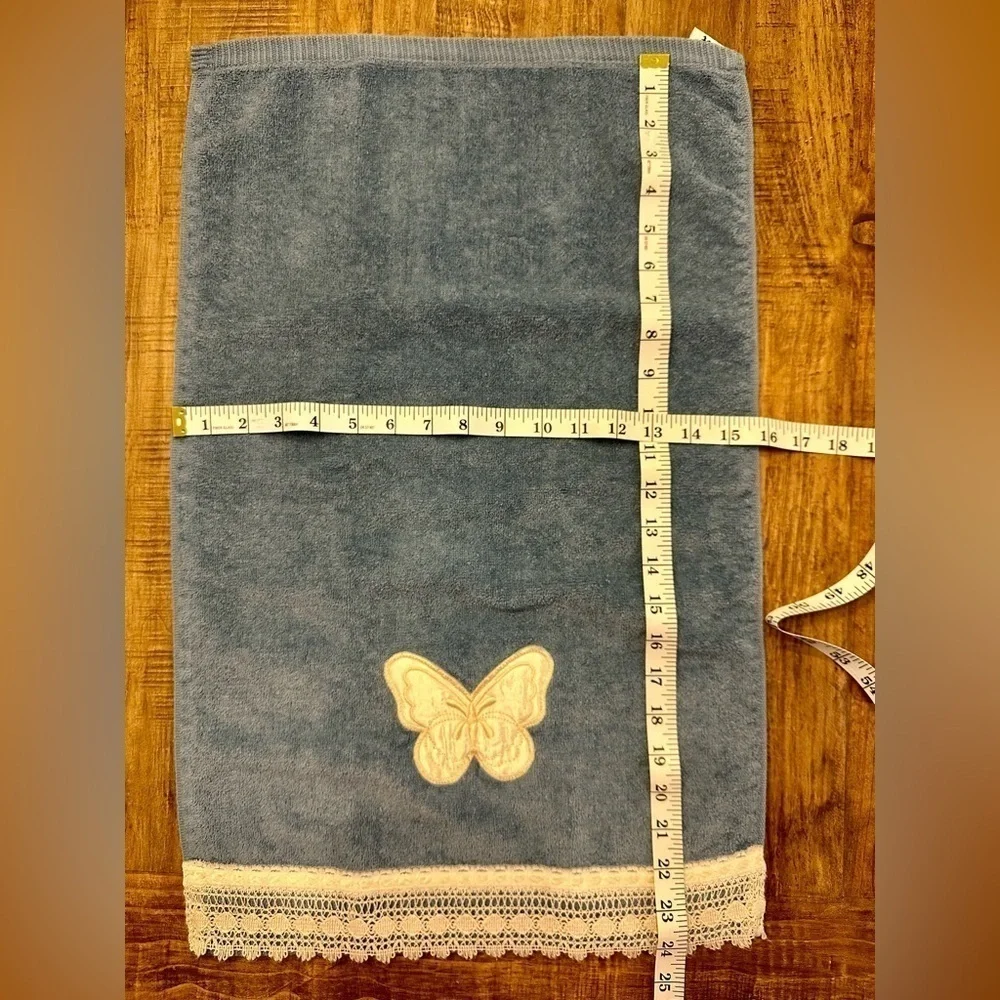 Vintage Saturday Knight Ltd. 2 Blue Hand Towels with Embroidered Satin Butterfly